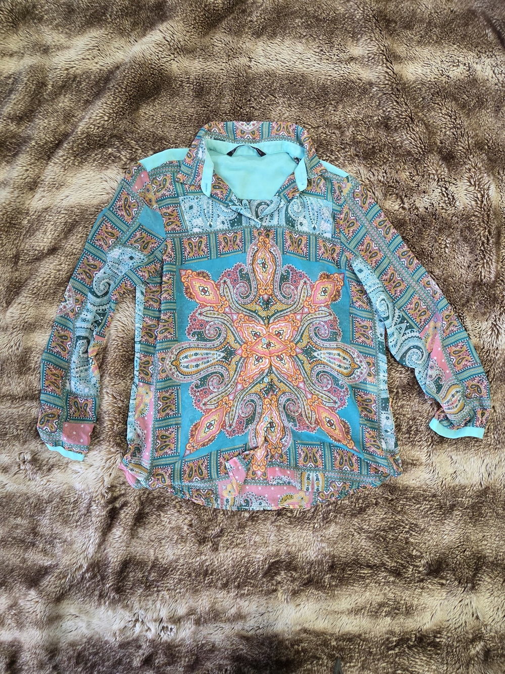 Zara Basics Boho Paisley Blouse XL Sheer Flowy Shirt Festival Boho Peasant
